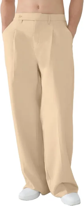 Susclude Mens Casual Dress Pants Pleated Old Money Wide Leg Baggy Pants Slacks Relaxed Fit Lightweight Work Trousers