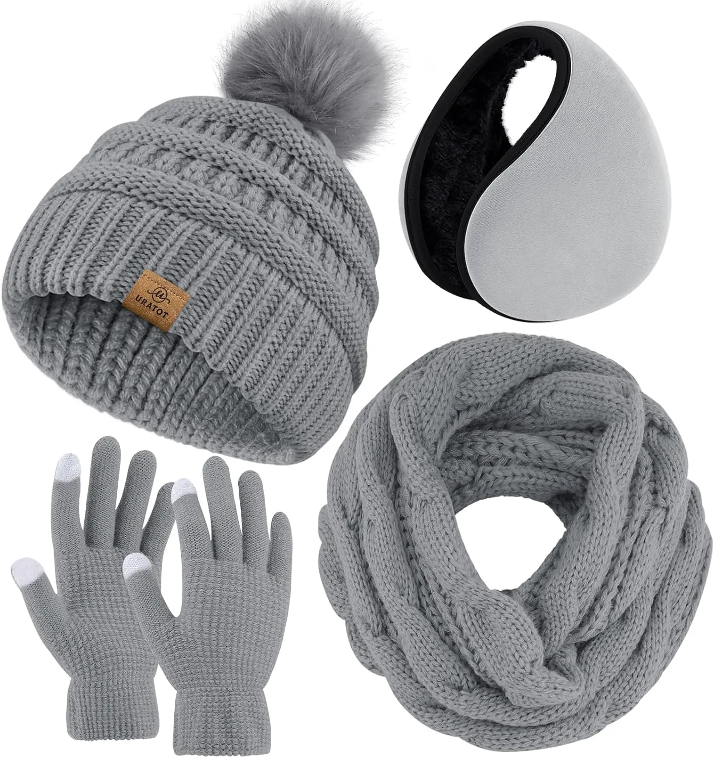 URATOT 4-In-1 Winter Warm Sets Knitted Scarf Touch Screen Gloves Beanie Pompom Hat and Winter Ear Warmer for Men or Women