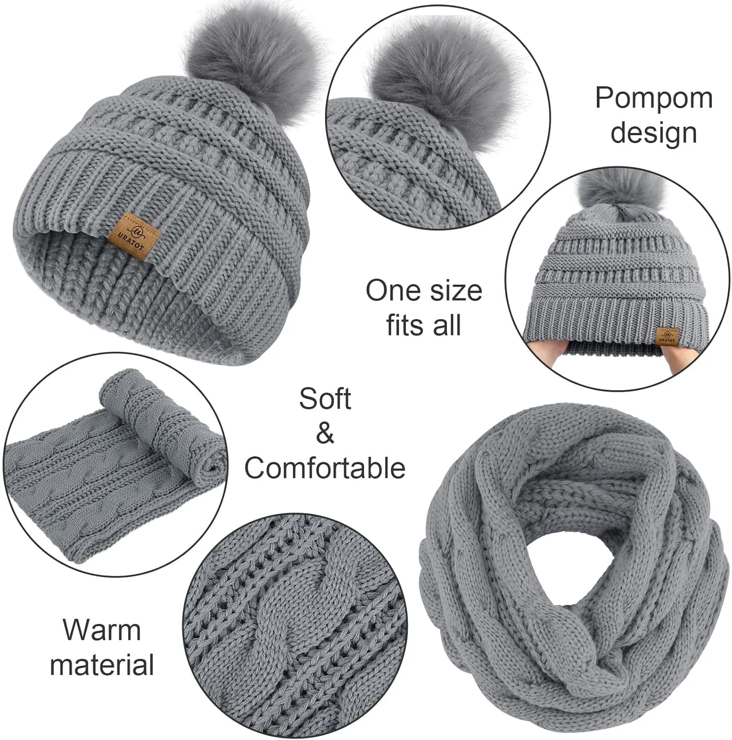 URATOT 4-In-1 Winter Warm Sets Knitted Scarf Touch Screen Gloves Beanie Pompom Hat and Winter Ear Warmer for Men or Women
