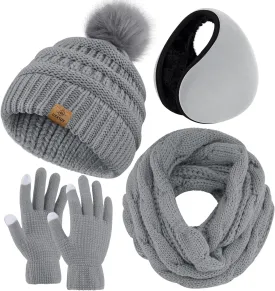 URATOT 4-In-1 Winter Warm Sets Knitted Scarf Touch Screen Gloves Beanie Pompom Hat and Winter Ear Warmer for Men or Women