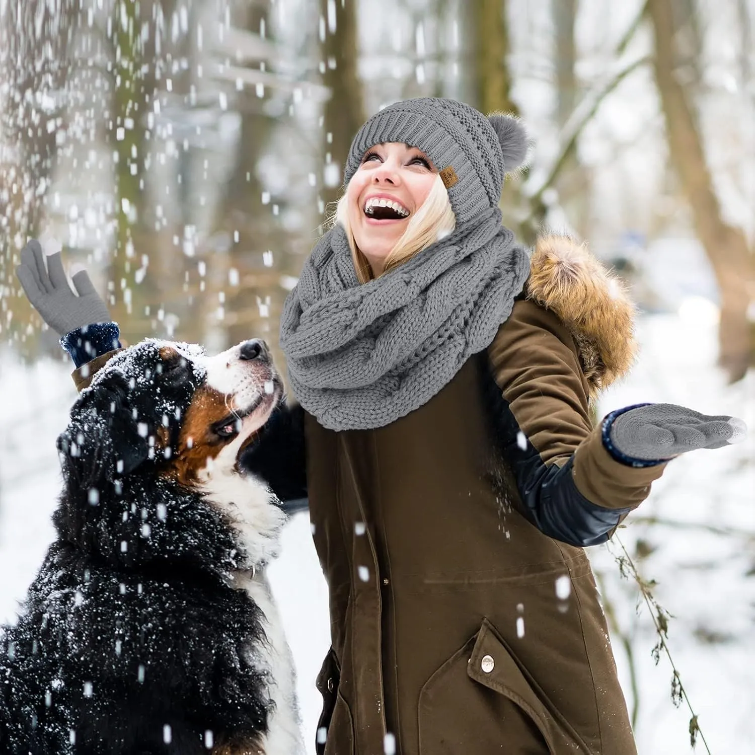 URATOT 4-In-1 Winter Warm Sets Knitted Scarf Touch Screen Gloves Beanie Pompom Hat and Winter Ear Warmer for Men or Women