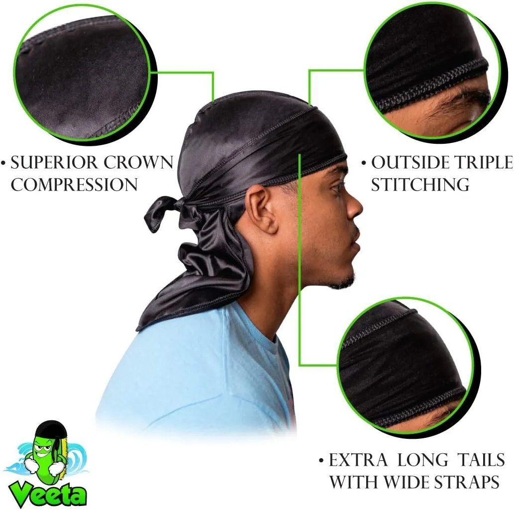Veeta Superior Silk Durag - Smooth Silk Durag for Men & Women, Long Double Wide Straps, Outside Seam Triple Stitch Du Rag