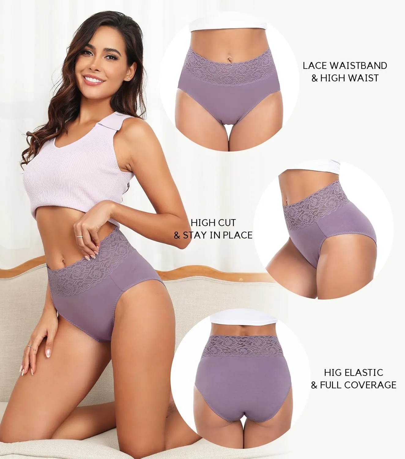 Wealurre Womens Underwear Cotton Bikini Panties for Women High Waisted Lace Hipster Stretch Briefs for Ladies 5 Pack