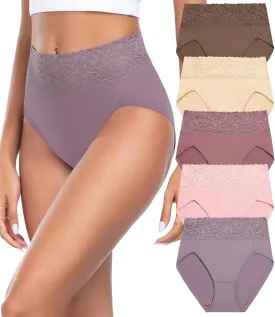 Wealurre Womens Underwear Cotton Bikini Panties for Women High Waisted Lace Hipster Stretch Briefs for Ladies 5 Pack