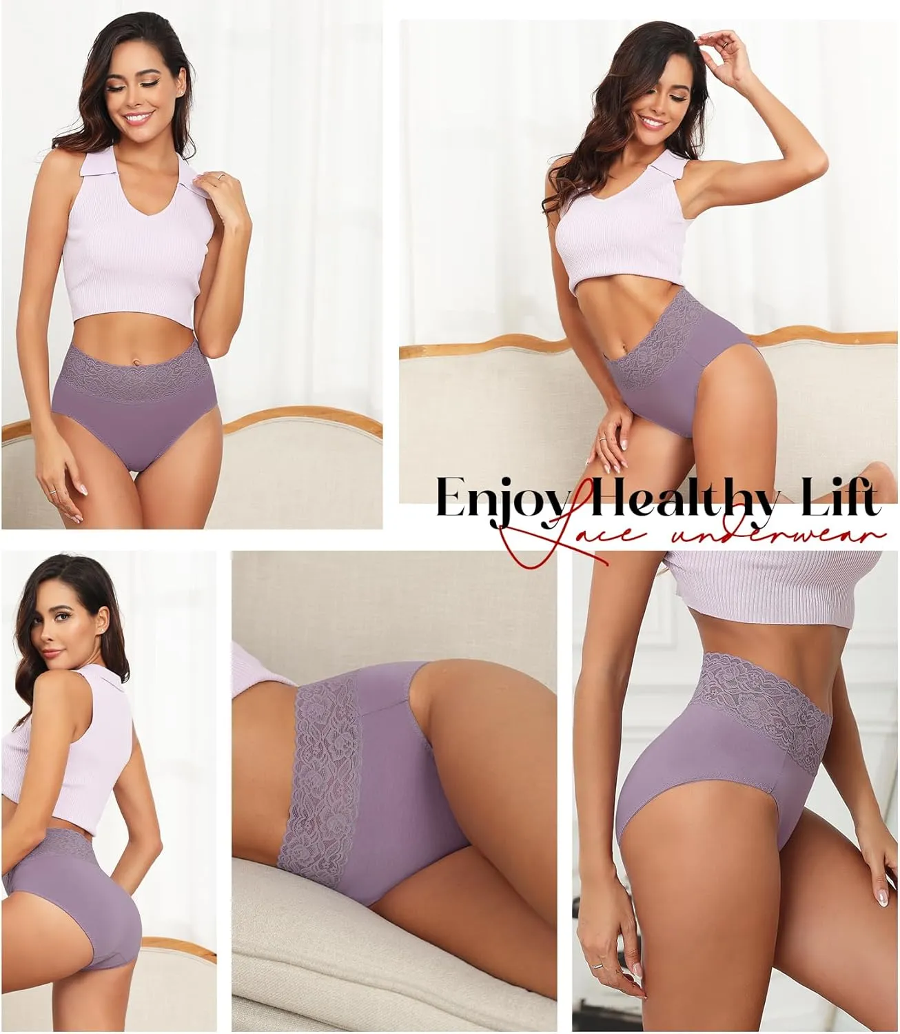 Wealurre Womens Underwear Cotton Bikini Panties for Women High Waisted Lace Hipster Stretch Briefs for Ladies 5 Pack