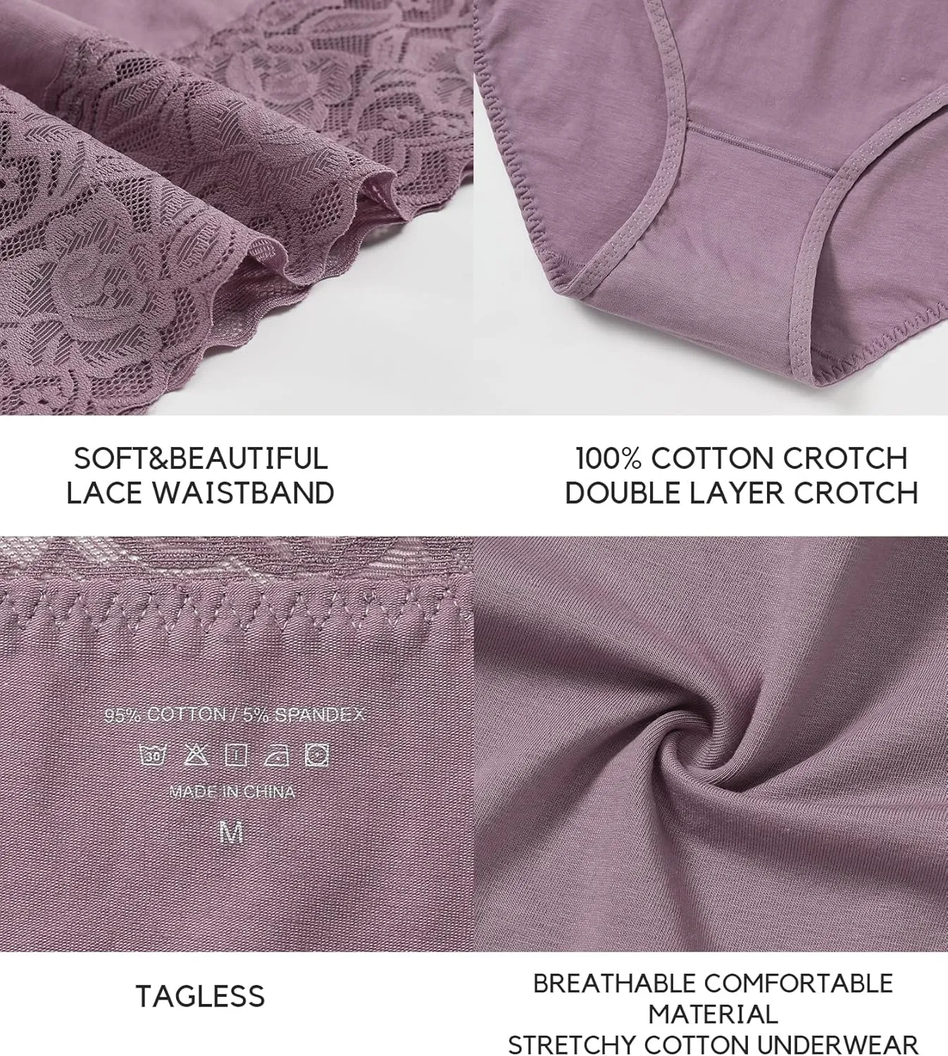 Wealurre Womens Underwear Cotton Bikini Panties for Women High Waisted Lace Hipster Stretch Briefs for Ladies 5 Pack