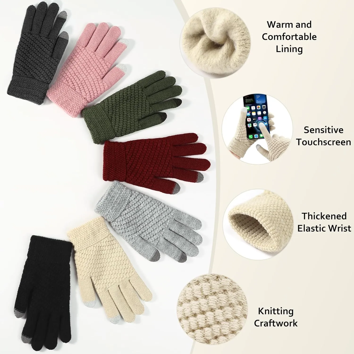 Winter Beanie Hat Scarf Gloves Set, Thick Warm Knit Winter Skull Cap Touch Screen Gloves Neck Scarf for Women Men