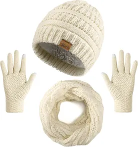 Winter Beanie Hat Scarf Gloves Set, Thick Warm Knit Winter Skull Cap Touch Screen Gloves Neck Scarf for Women Men