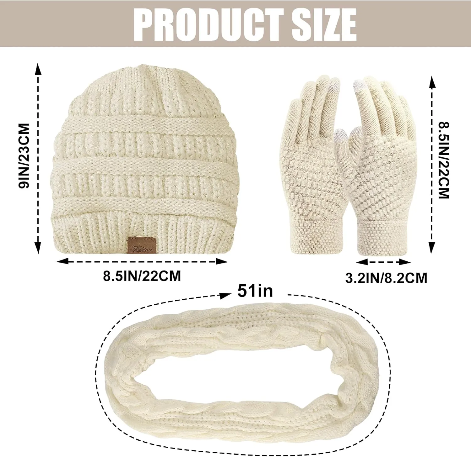 Winter Beanie Hat Scarf Gloves Set, Thick Warm Knit Winter Skull Cap Touch Screen Gloves Neck Scarf for Women Men
