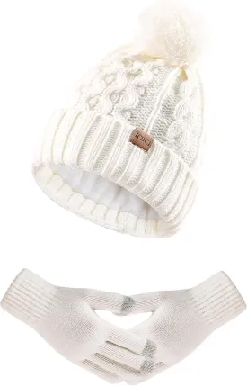 Women Winter Knit Warm Hat Beanie Gloves Set Pom Fleece Lined Hat with Touchscreen Gloves