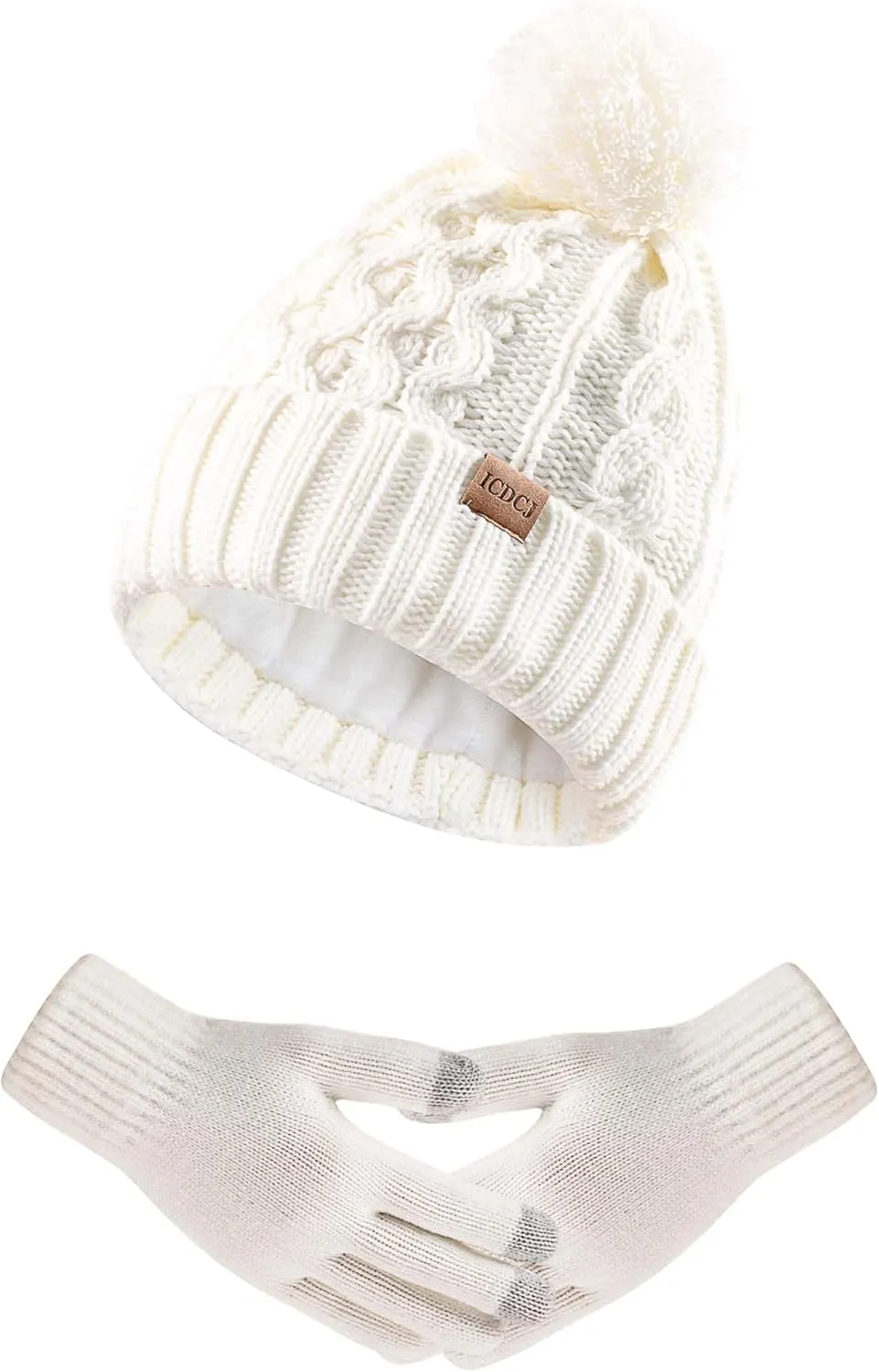 Women Winter Knit Warm Hat Beanie Gloves Set Pom Fleece Lined Hat with Touchscreen Gloves