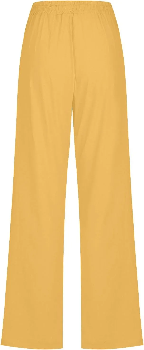 Womens Casual Cotton Linen Pants Lightweight Summer Relax Fit Elastic Waist Plus Size Solid Lounge Long Trousers
