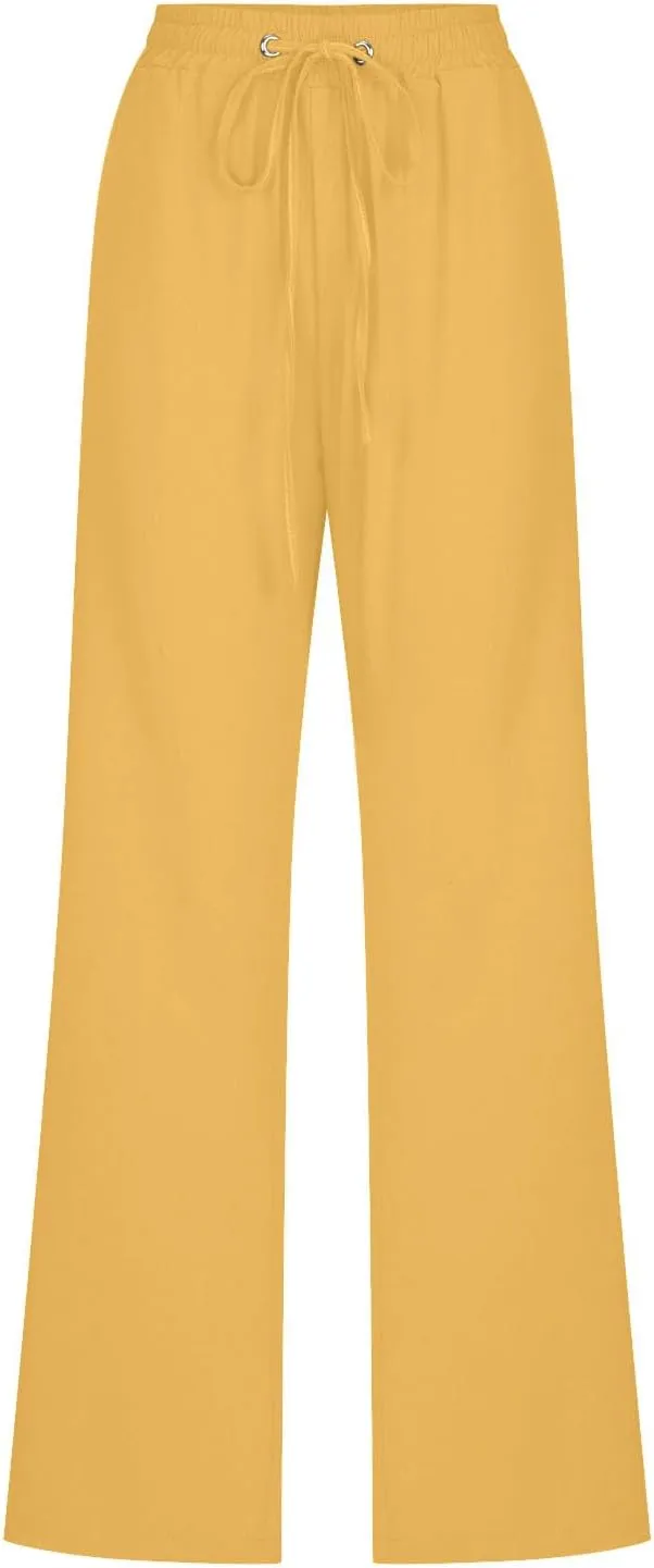 Womens Casual Cotton Linen Pants Lightweight Summer Relax Fit Elastic Waist Plus Size Solid Lounge Long Trousers