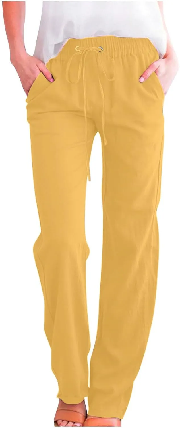 Womens Casual Cotton Linen Pants Lightweight Summer Relax Fit Elastic Waist Plus Size Solid Lounge Long Trousers
