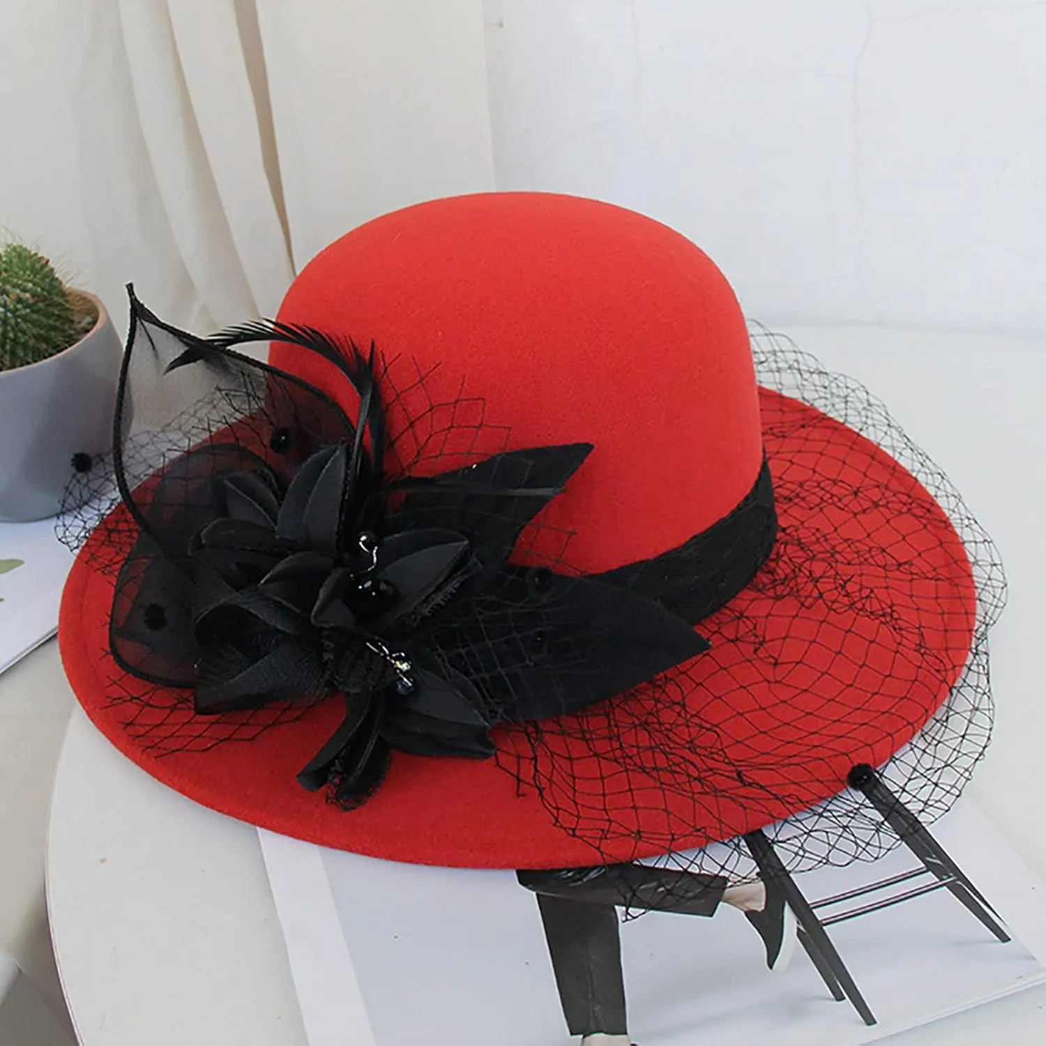 Women's Elegant Flower Wool Cloche Bucket Bowler Hat Women's Wool Fel Flowers Church Bowler Hats Cloche Hat
