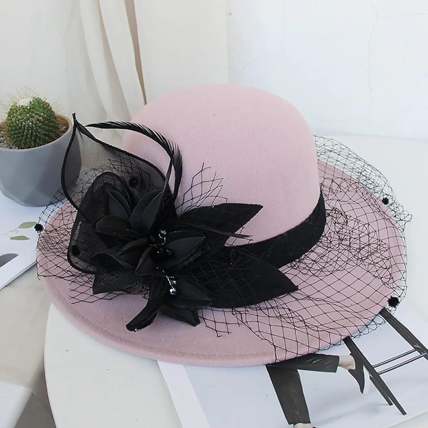 Women's Elegant Flower Wool Cloche Bucket Bowler Hat Women's Wool Fel Flowers Church Bowler Hats Cloche Hat