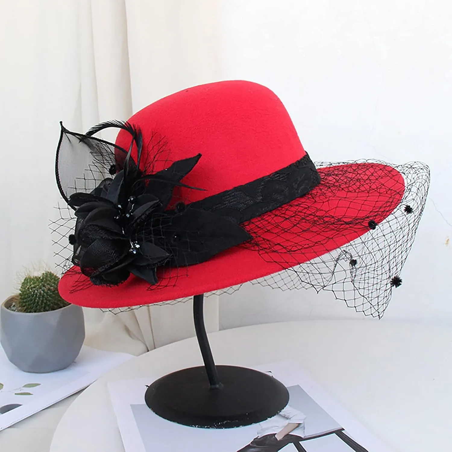Women's Elegant Flower Wool Cloche Bucket Bowler Hat Women's Wool Fel Flowers Church Bowler Hats Cloche Hat