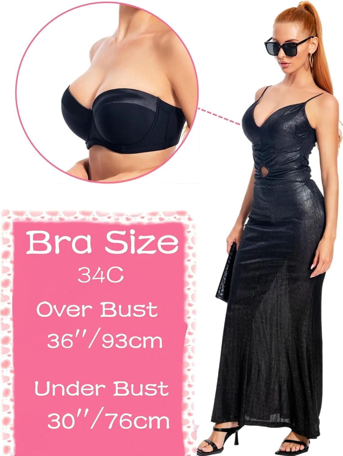 Women's Push up Strapless Bra with Clear Straps for Big Bust, Never Move On Party Band Size(34-48) Cup B/C/D/DD/DDD/G