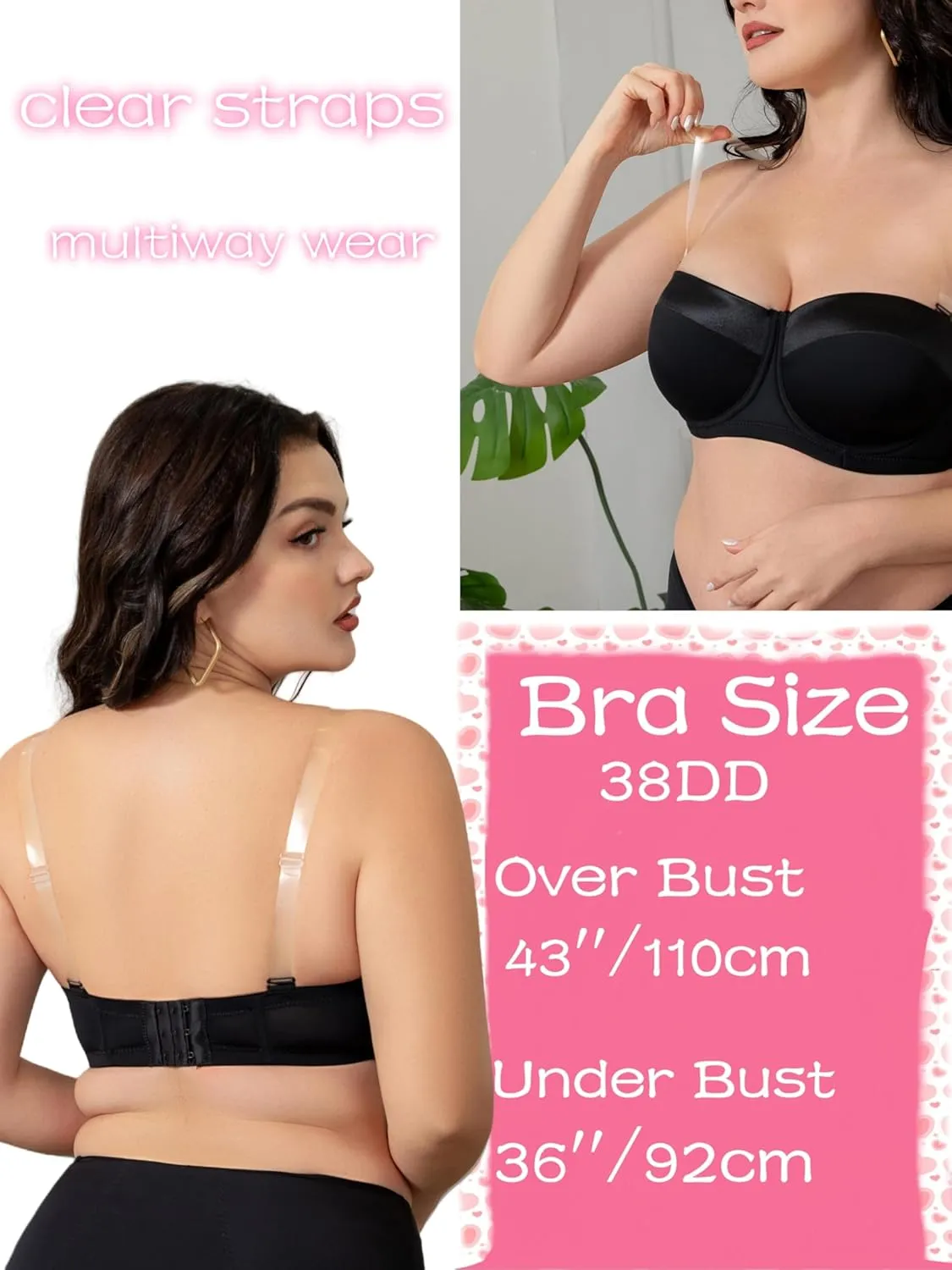 Women's Push up Strapless Bra with Clear Straps for Big Bust, Never Move On Party Band Size(34-48) Cup B/C/D/DD/DDD/G