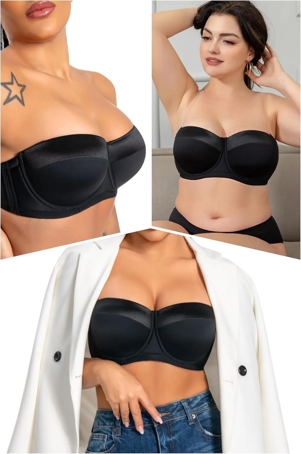 Women's Push up Strapless Bra with Clear Straps for Big Bust, Never Move On Party Band Size(34-48) Cup B/C/D/DD/DDD/G