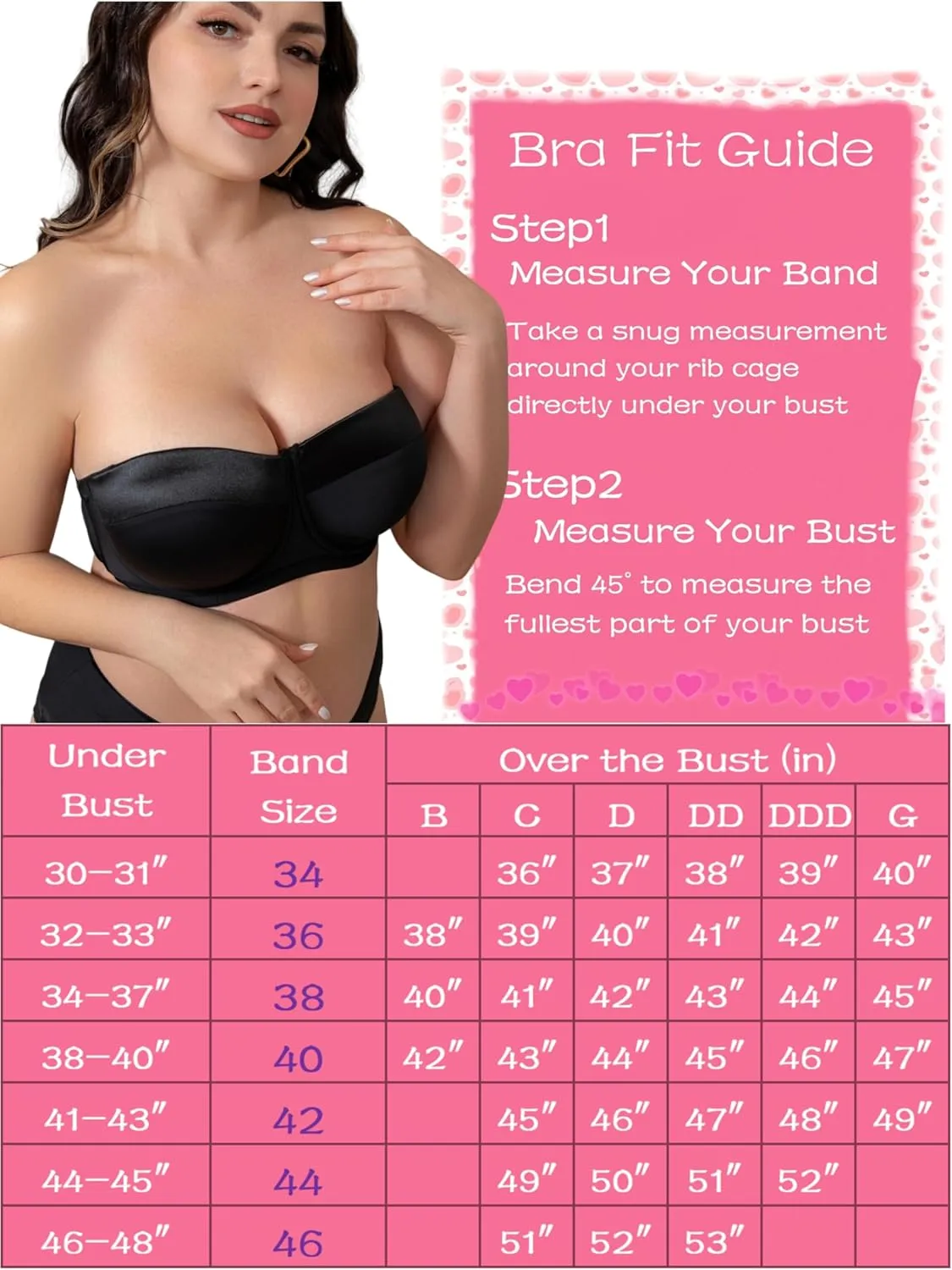 Women's Push up Strapless Bra with Clear Straps for Big Bust, Never Move On Party Band Size(34-48) Cup B/C/D/DD/DDD/G