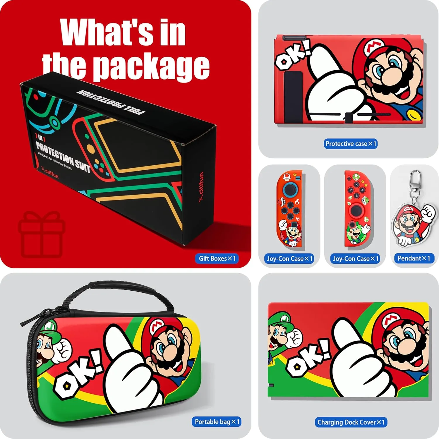 Xcitifun Carrying Case Compatible with Nintendo Switch for Joycon Case & Dock Cover & Travel Bag & Keychain 7 in 1 Accessories Kit Set Switch Protective Carry Cases for Boys Girls Kids - Red Thumb